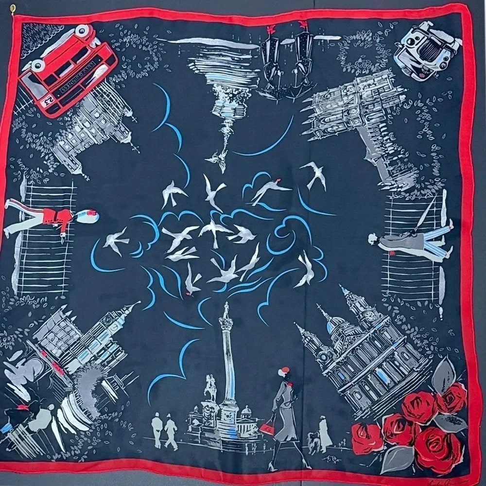 Lulu Guinness Silk Chiffon Scarf London Conture Themed Black Red Sheer 33x33